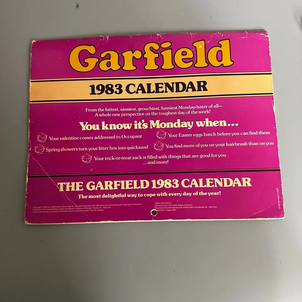 Vintage 1983 Garfield Wall Calendar Jim Davis Ballantine Books Monday Theme